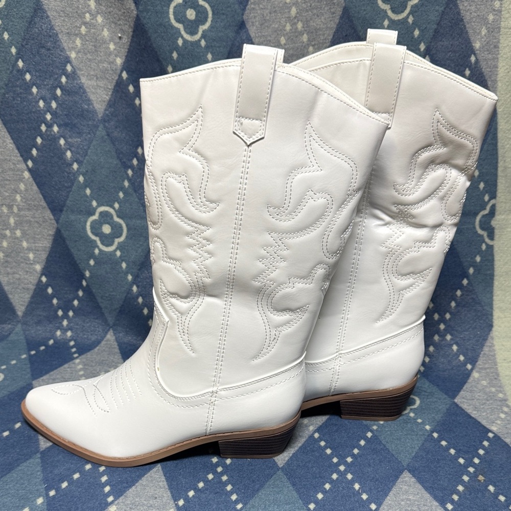 Women's White Western-Inspired Mid-Calf Combat Boots